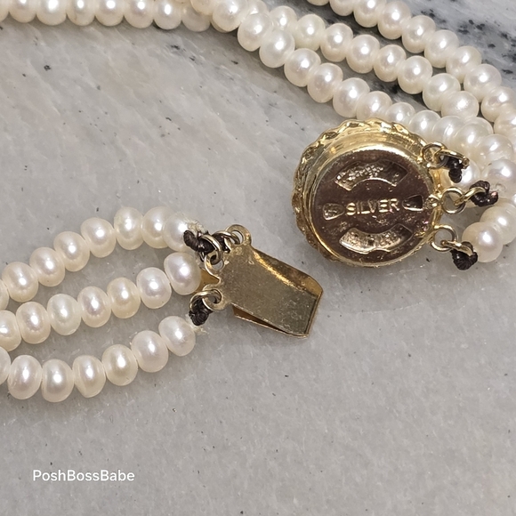 Triple Strand Freshwater Pearl Bracelet w/ Sterling Silver Gold Wash Clasp – 7.5 - Picture 2 of 12